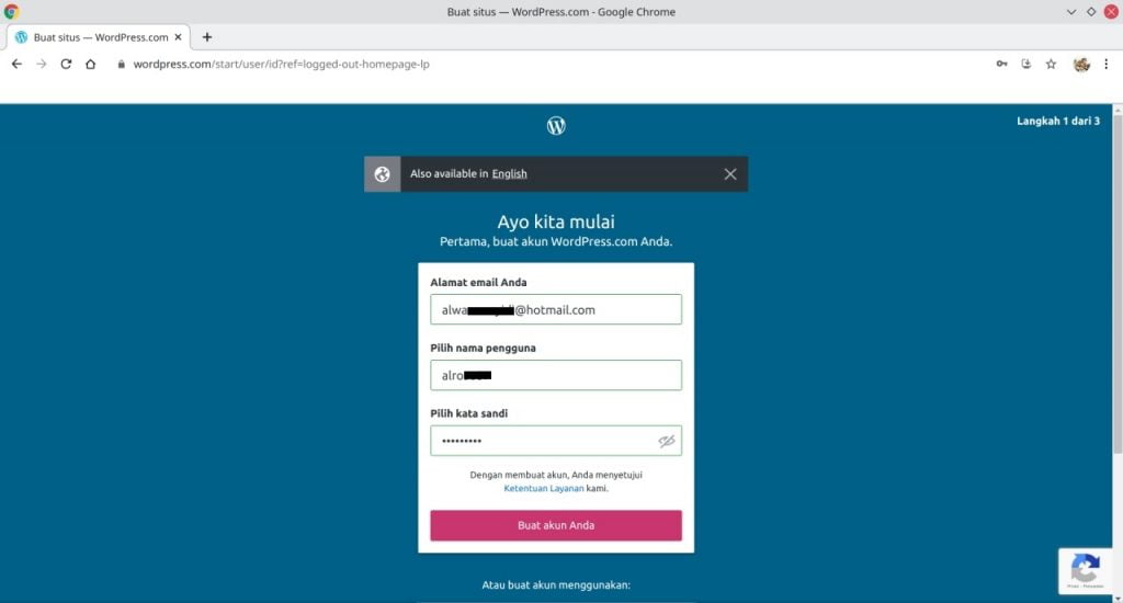 Cara Membuat Website Gratis Dengan WordPress step 2