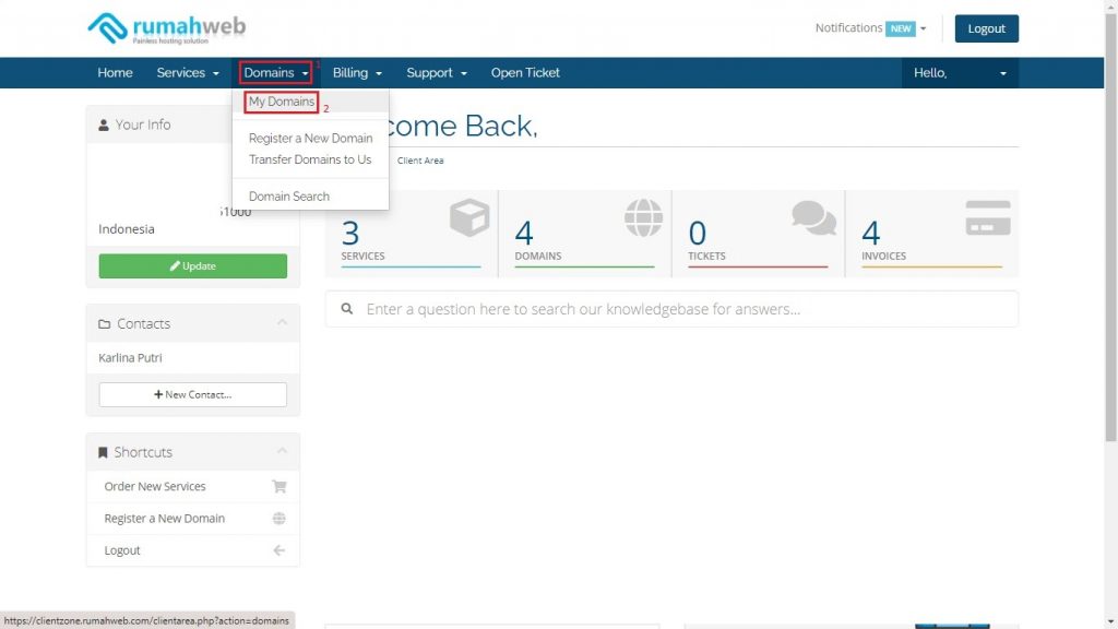 tampilan utama halaman clientzone Rumahweb
