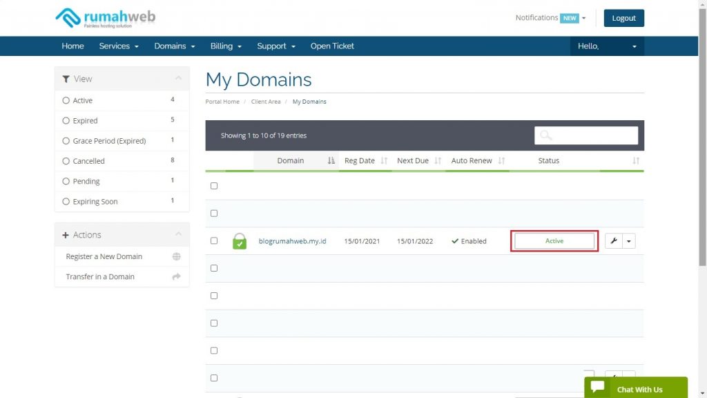 informasi masa aktif domain di menu domain Clientzone