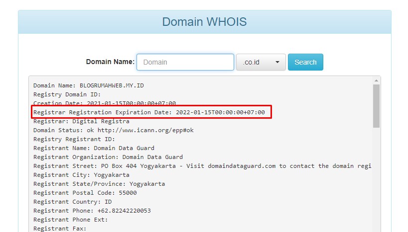 informasi masa aktif domain dari whois