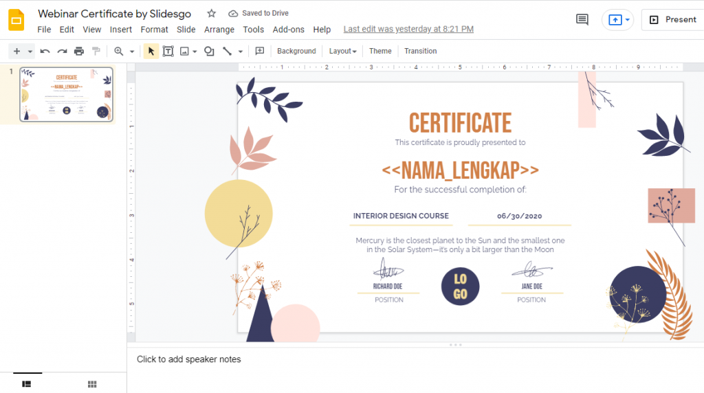 Mendesain Sertifikat Menggunakan Google Slides
