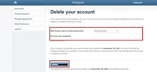 Delete account instagram