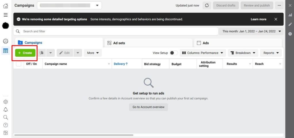 Klik tab Campaign >  klik +Create - Panduan Lengkap Cara Menggunakan Facebook Ads