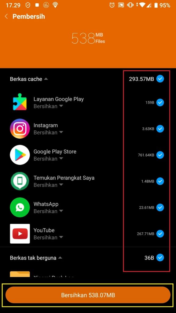 pilih aplikasi yang akan dihapus cache-nya