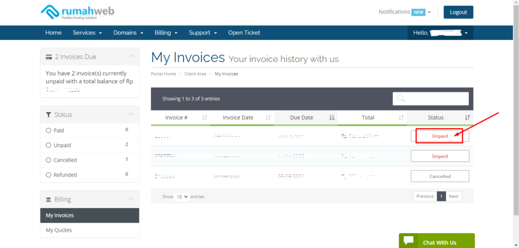 tampilan menu billing clientzone