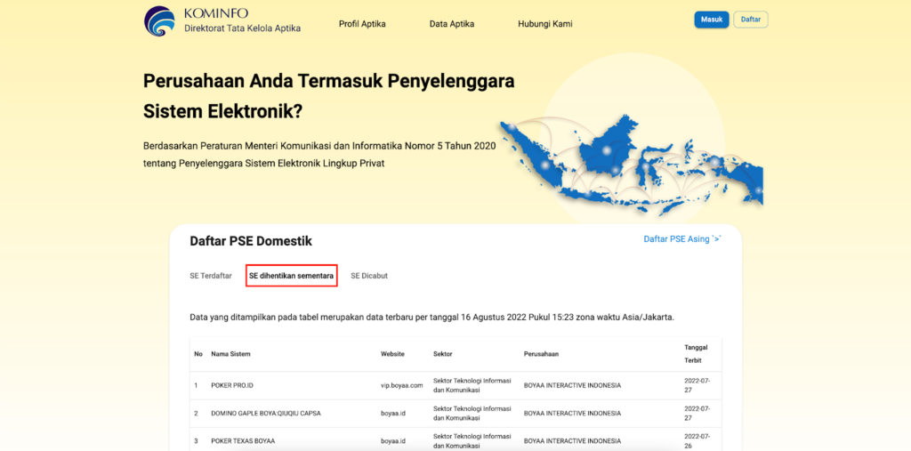 Melihat daftar PSE Kominfo