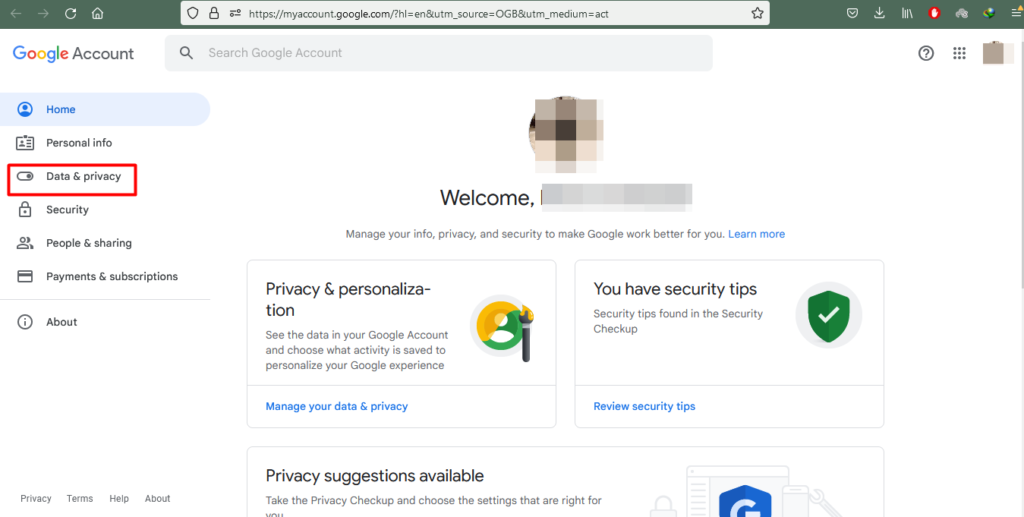 klik menu data and privacy
