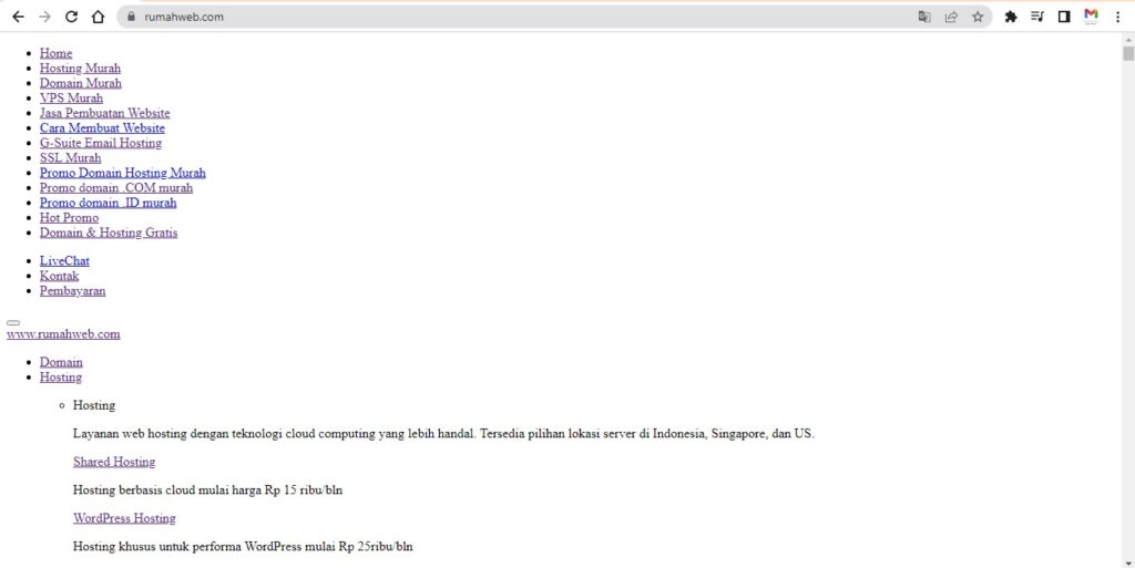 tampilan website rumahweb tanpa css