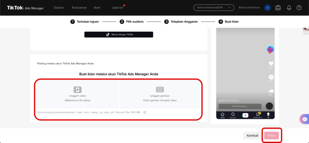 upload video iklan TikTok