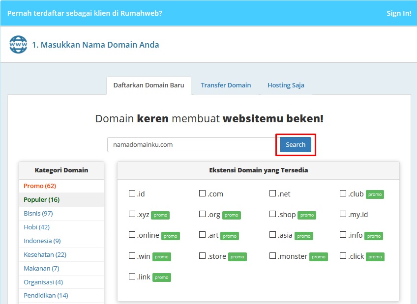 cari nama domain untuk hosting anda