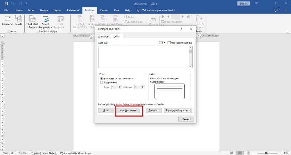 pilih new document - cara buat label undangan