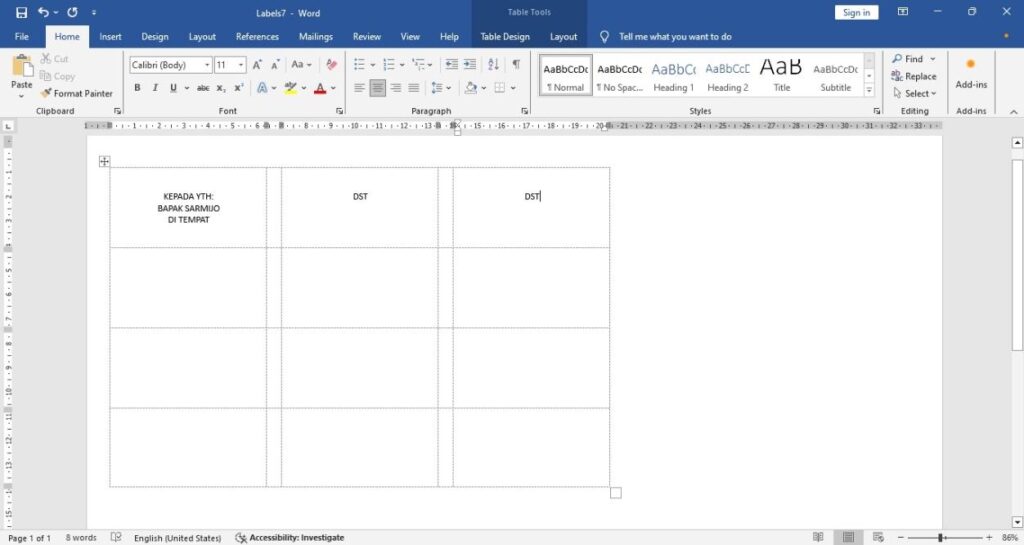 hasil cara membuat label 103 di microsoft word