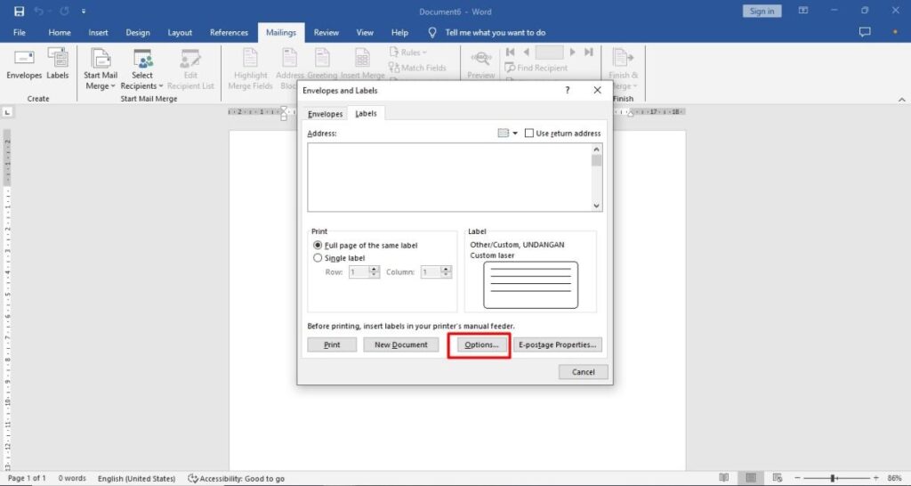 config options labels microsoft word