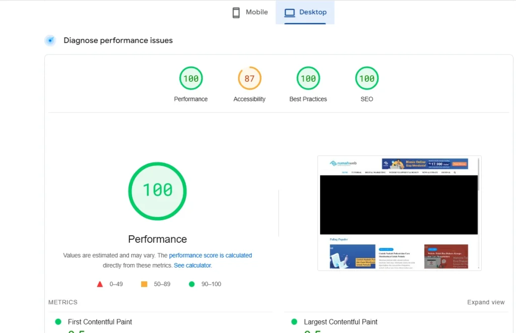 cek performa website dari google pagespeed