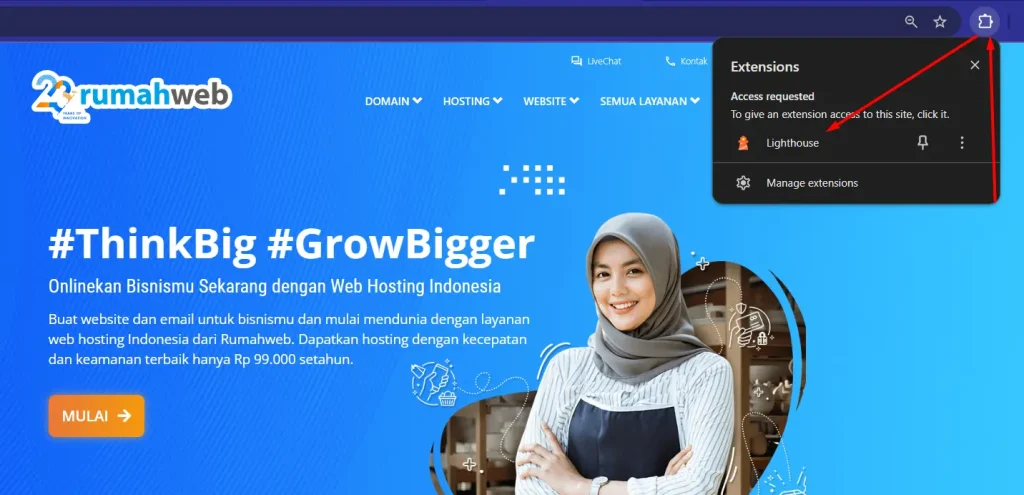 tampilan addon Lighthouse di chrome