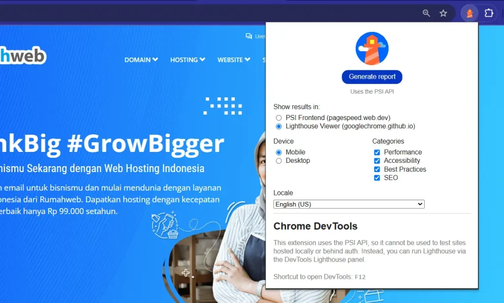 tampilan addon Lighthouse di firefox