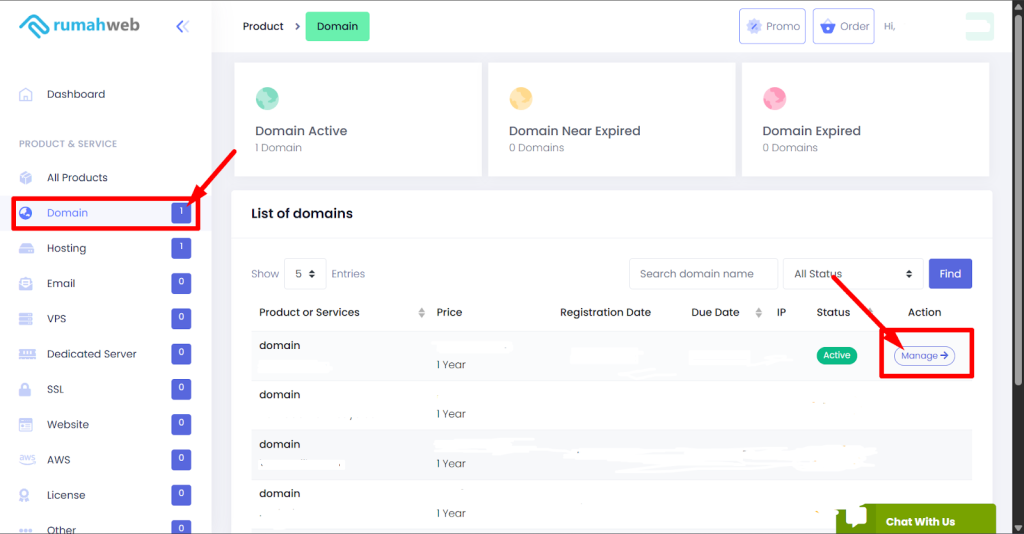 menu domain di clientzone