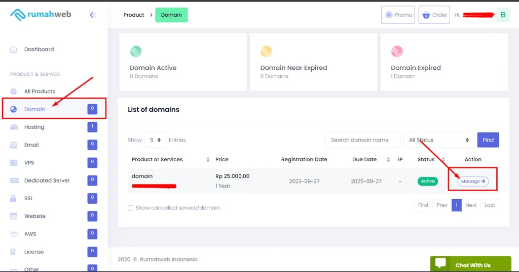 Menu domain di Clientzone